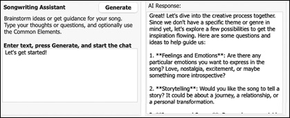 AI Lyrics window - AI Lyircs - Songwriting Assistant