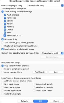 Global Song Override dialog