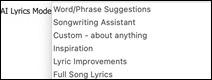 AI Lyrics window - AI Lyrics Mode