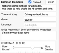AI Lyrics window -  Common Elements