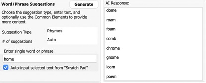 AI Lyrics window - AI Lyircs - Word/Phrase Suggestions