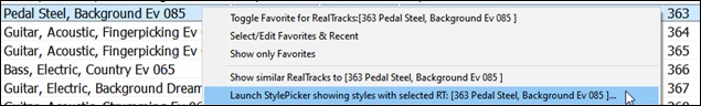 Launch StylePicker showing styles with selected RT right-click menu item. 