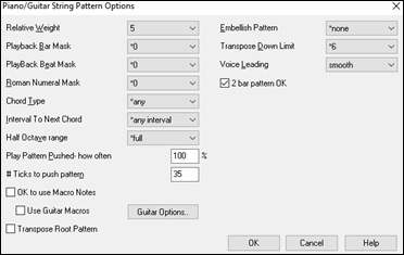 Piano/Guitar String Pattern Options dialog