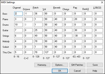 MIDI Settings dialo