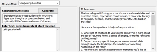 AI Lyrics window - AI Lyircs - Songwriting Assistant