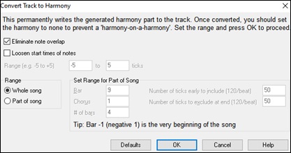 Convert Track to Harmony dialog