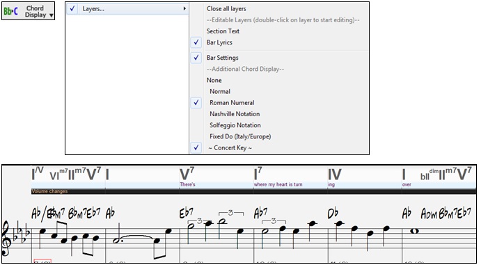 Chord Display button, Chord Display button menu, and Notation window showing layers