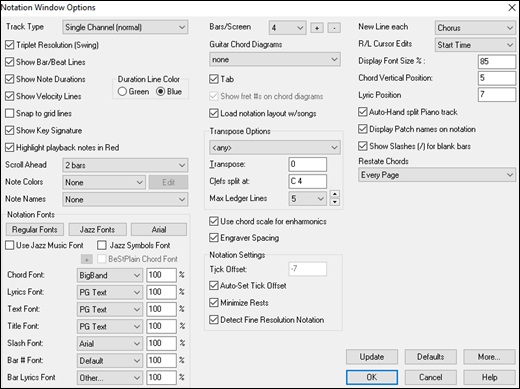 Notation Window Options dialog