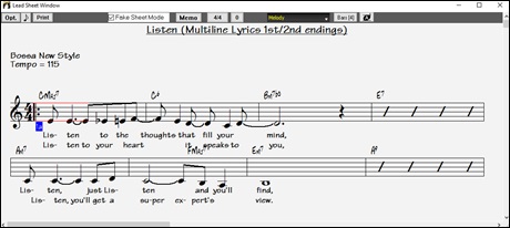 Lead Sheet window showing multiple lines of lyrics