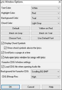 Lyric Window Options dialog