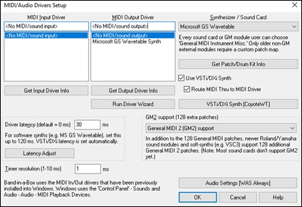 MIDI/Audio Drivers Setup dialog
