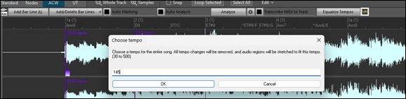 Audio Edit Window with Equalize Tempos message