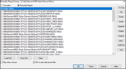 Recently Played and Favorite songs dialog