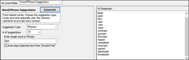 AI Lyrics window - Word/Phrase Suggestions