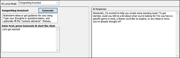 AI Lyrics window - Songwriting Assistant